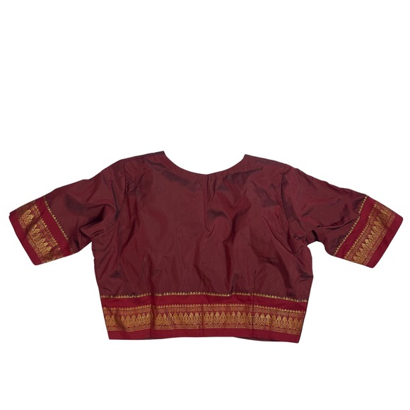 Maroon Silk Blend Blouse Short Sleeve Square Neck Gold Trim Crop Top - Picture 3 of 13